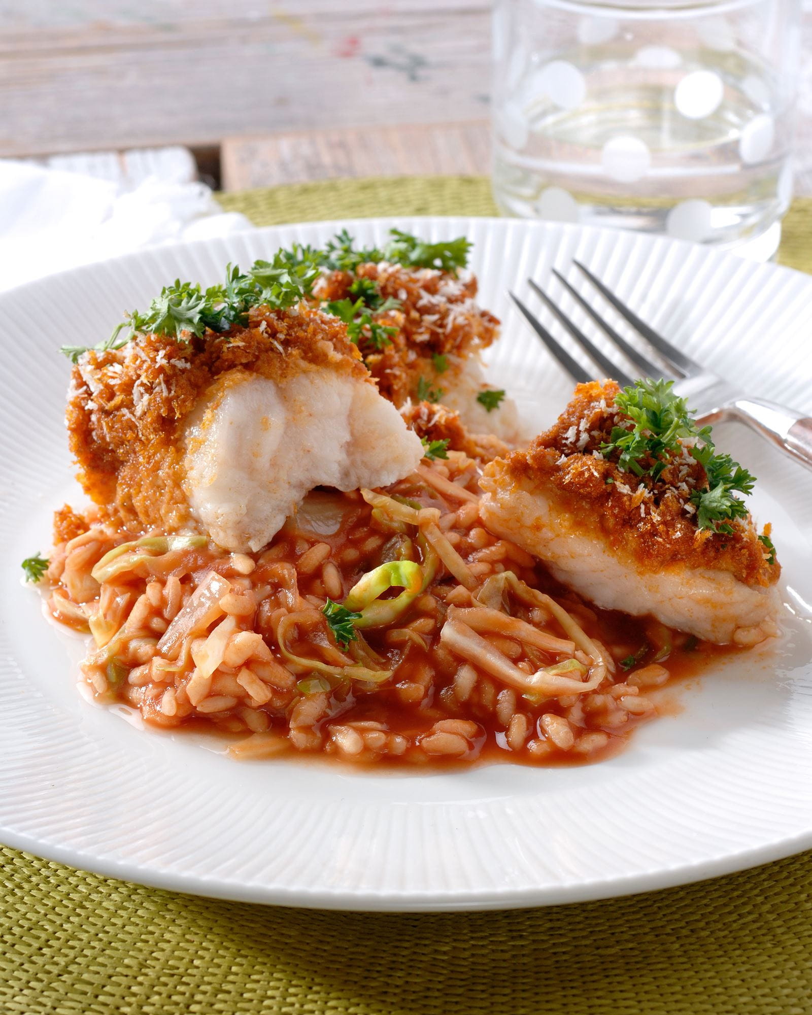 recipe image Filet de poisson au four avec risotto de tomates