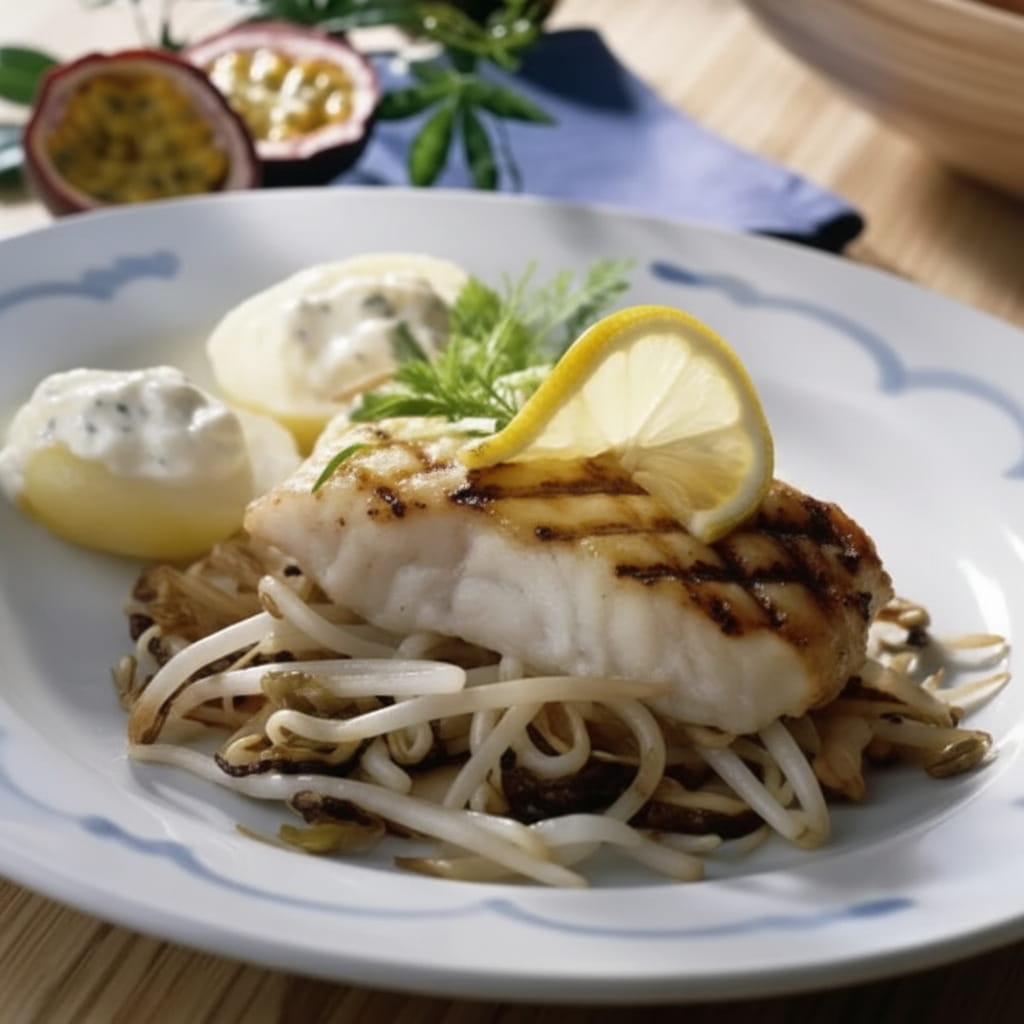recipe image Colin d'alaska grillé aux pousses de soja et beurre de fruit de la passion