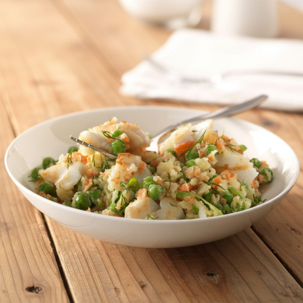 recipe image Hochepot de poisson, carottes, petits pois, moutarde et aneth