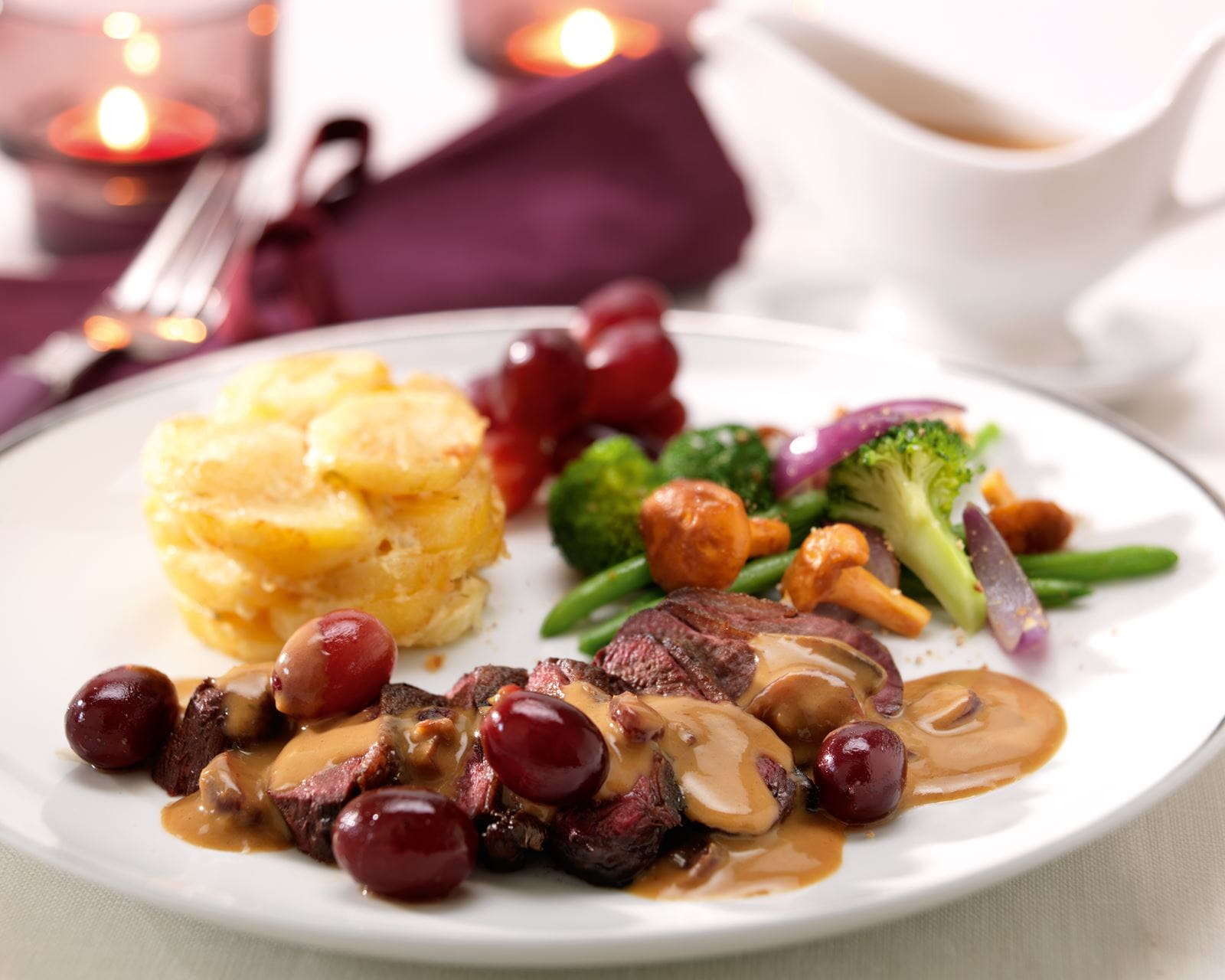 recipe image Filet de poitrine de canard sauvage aux raisins chauds et sauce chasseur