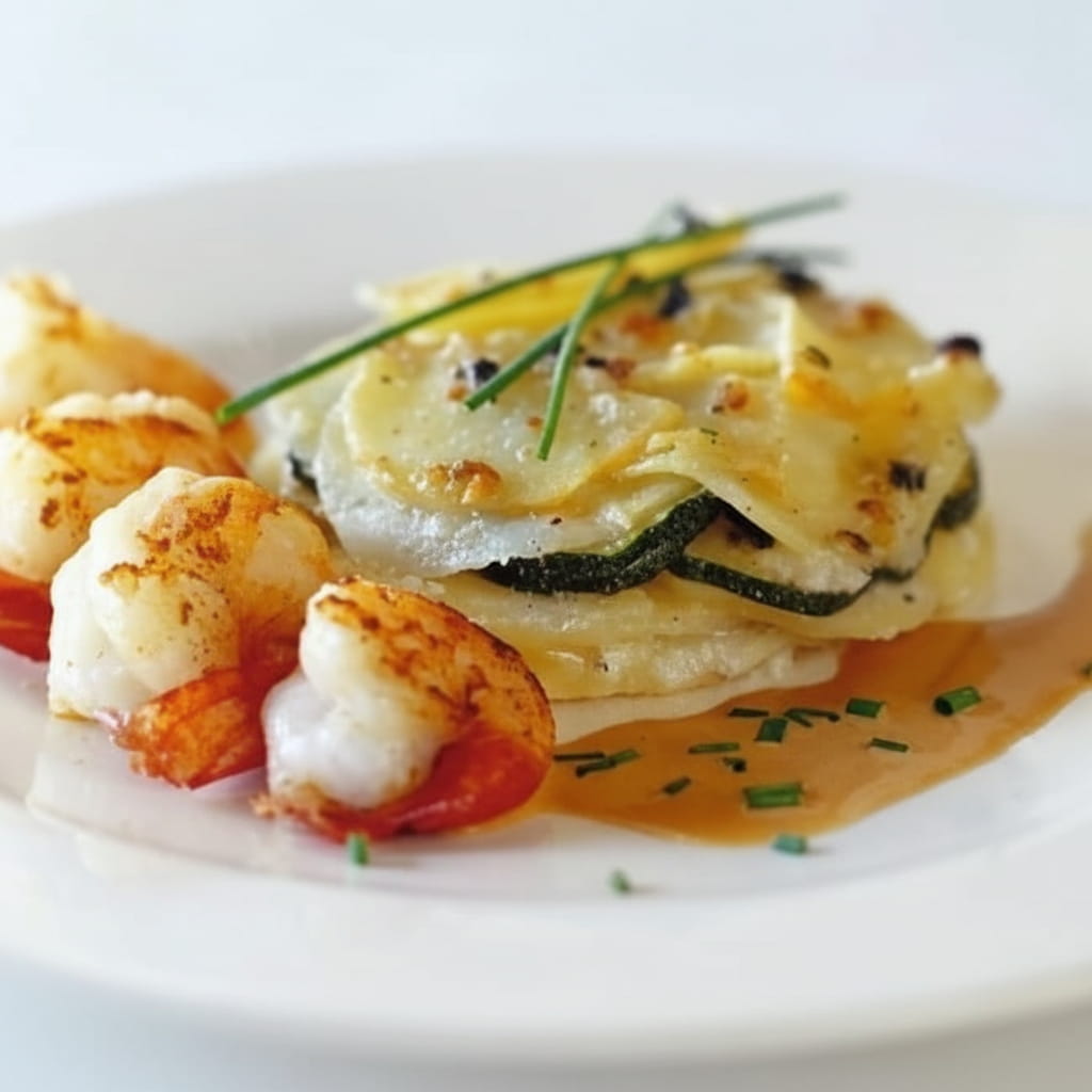 recipe image Cassolette de scampis au gratin de courgettes