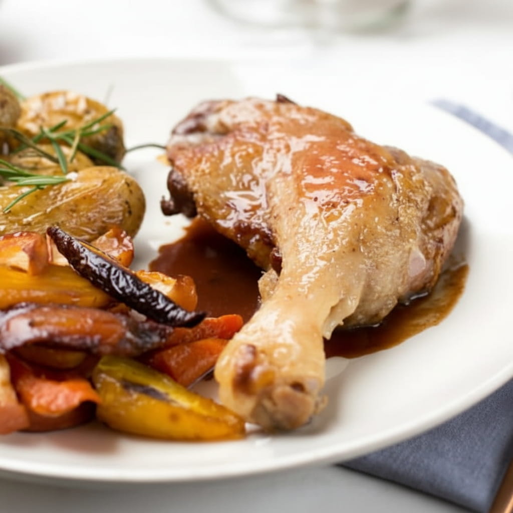 recipe image Cuisses de canard cuisson lente aux légumes grillés et pommes de terre cuites au four