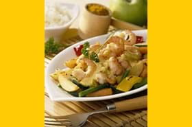 recipe image Scampi à la sauce au curry et légumes grillés