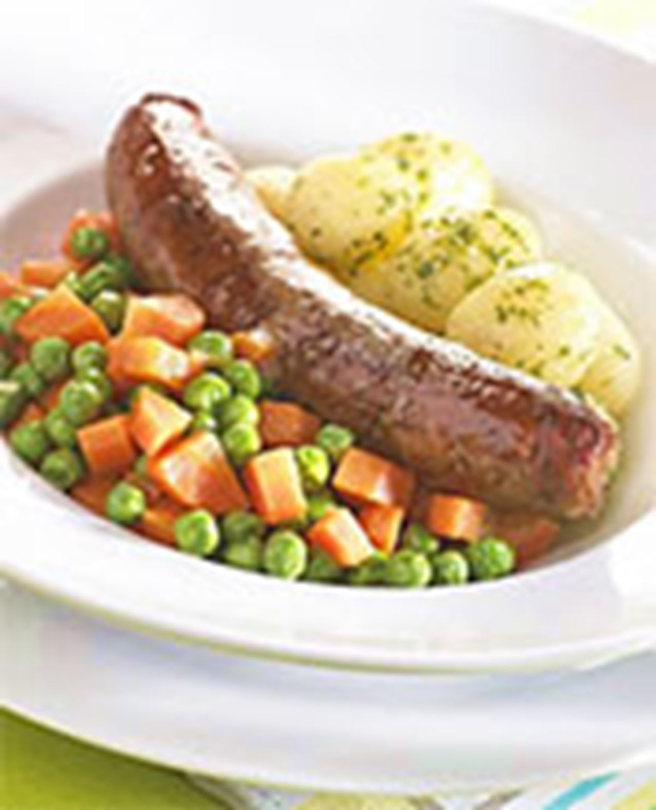 recipe image Saucisse de veau, pois et carottes