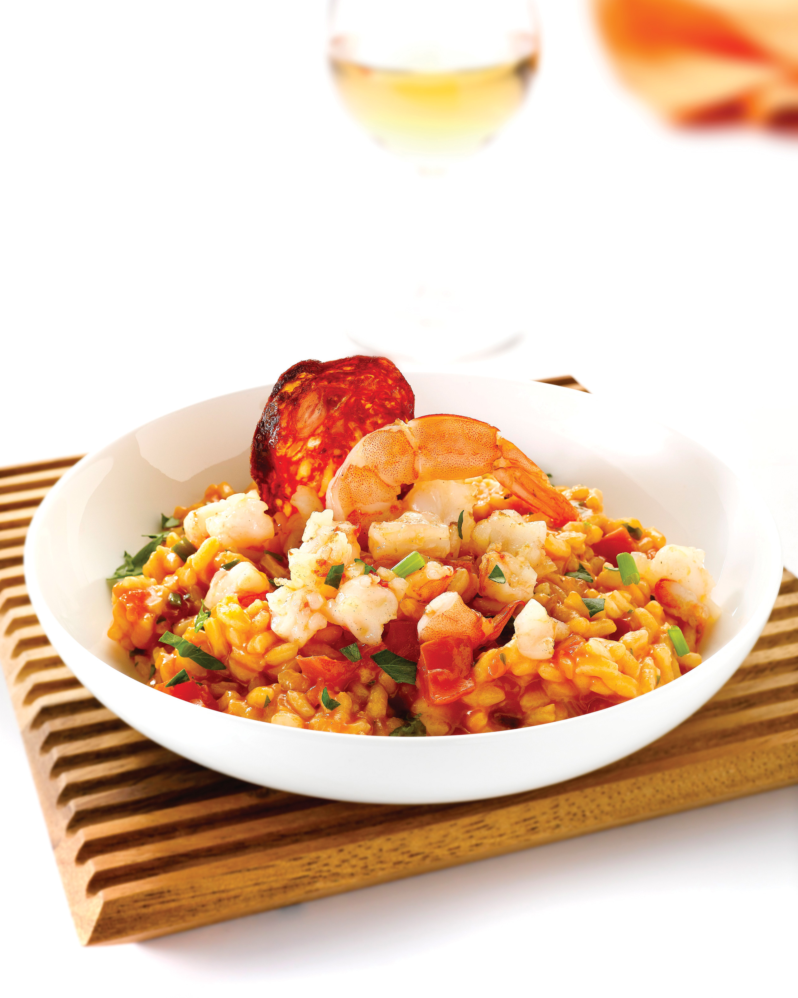 recipe image Risotto aux tomates, thym, scampis et chorizo frit