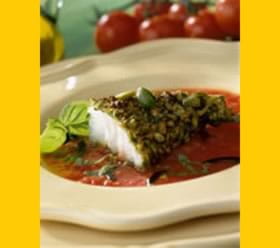 recipe image Cabillaud pané aux pistaches , coulis de tomates au basilic et olives noires