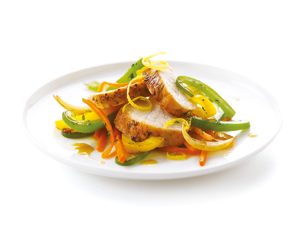 recipe image Poulet au wok, poivrons et zeste de citron