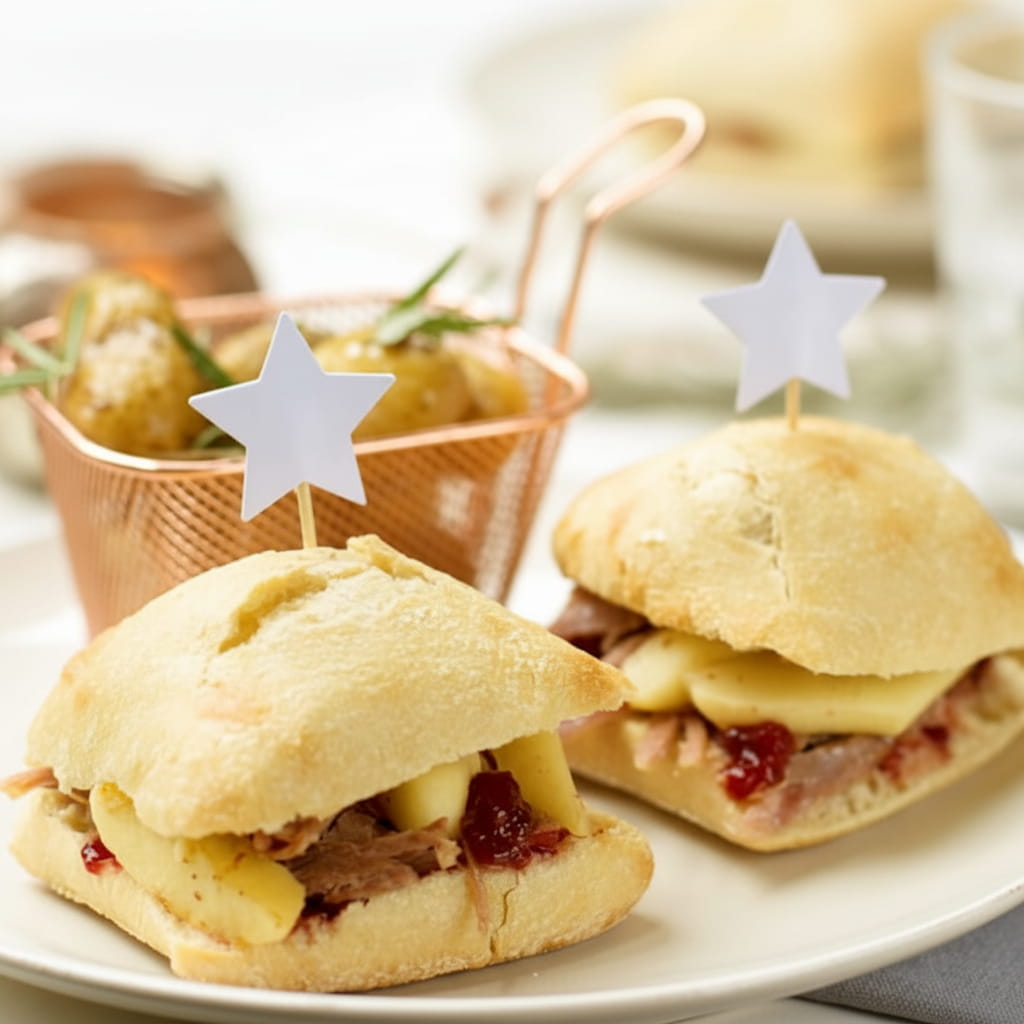 recipe image Pulled duck burgers, pommes au four et sauce de canneberges