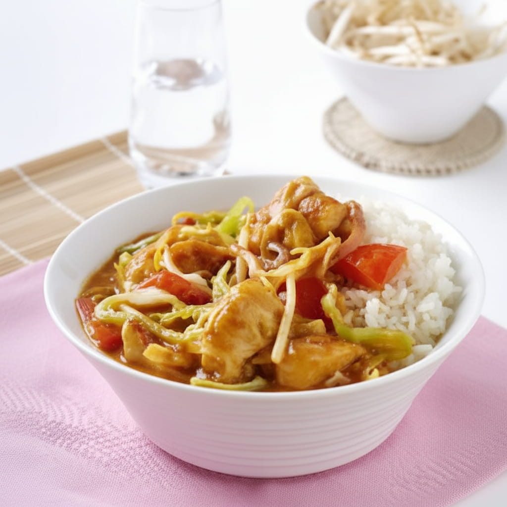 recipe image Curry Thaï au poulet et aux légumes avec du riz blanc