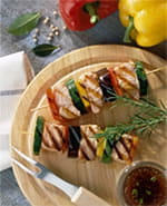 recipe image Spiesje van Noorse Atlantische zalm met courgette, pepers en aubergine