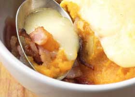 recipe image Gratin van pompoen met spek en Comté