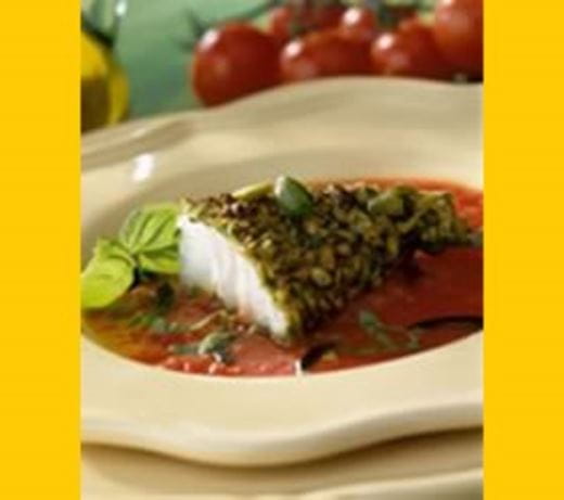 recipe image Kabeljauw gepaneerd in gehakte pistachenoten, tomatencoulis met basilicum en zwarte olijven