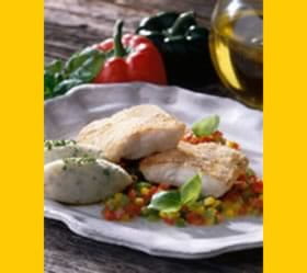 recipe image Alaska Pollak met paprika's en bloemkoolpuree