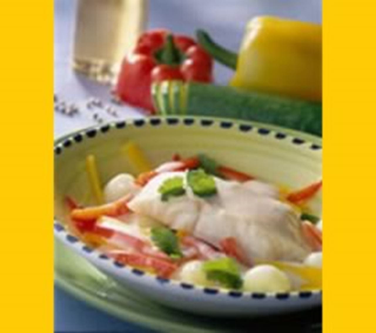 recipe image Waterzooi van Alaska Pollak, paprika, komkommer en koriander