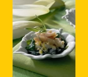 recipe image Millefeuile met kippenwit, bladspinazie, witloofmimosa en kippenjus